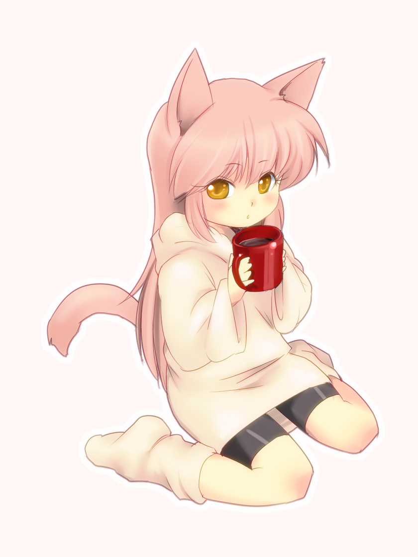 bike_shorts, cat_ears, cup, cute, footwear, hoodie, long_hair, mug