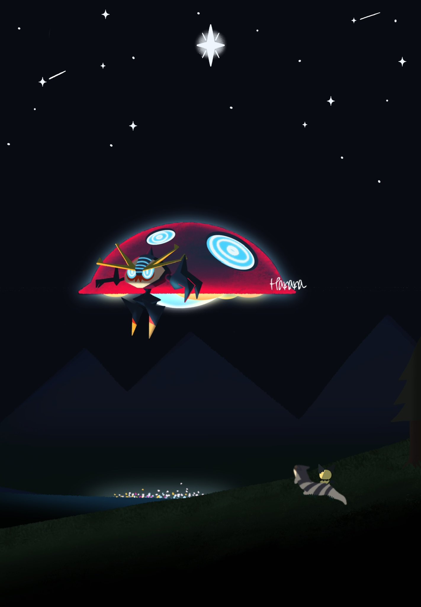 blue_eyes, blue_sclera, claws, colored_sclera, dark, floating, furret, gigantamax_orbeetle, glowing, highres, iltuki, long_eyebrows, mountainous_horizon, night, night_sky, no_humans, orbeetle, pichu, pokemon, pokemon_(creature), pokemon_focus, project_voltage, ringed_eyes, shooting_star, sky, star_(sky), ufo, vocaloid