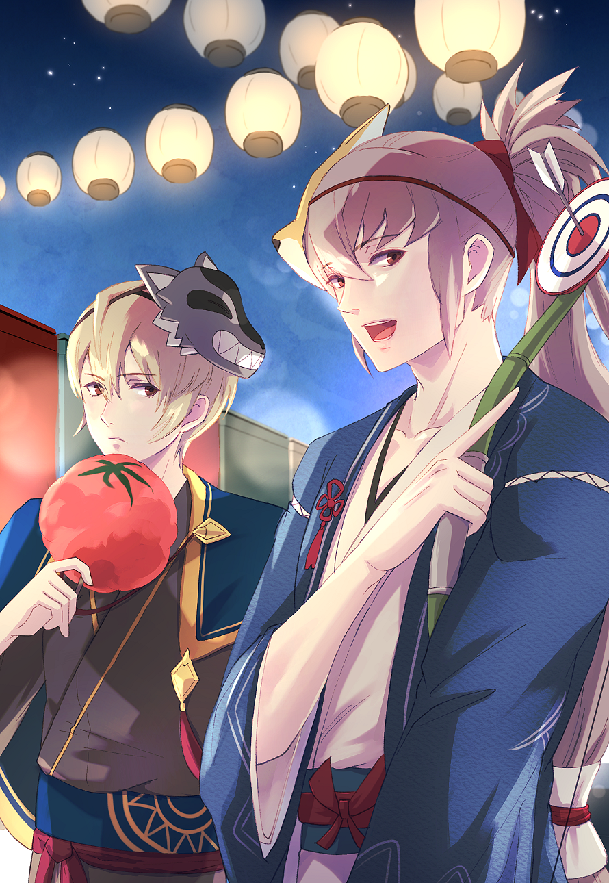 2boys, blonde_hair, blue_kimono, fire_emblem, fire_emblem_fates, fire_emblem_heroes, food-themed_fan, grey_hair