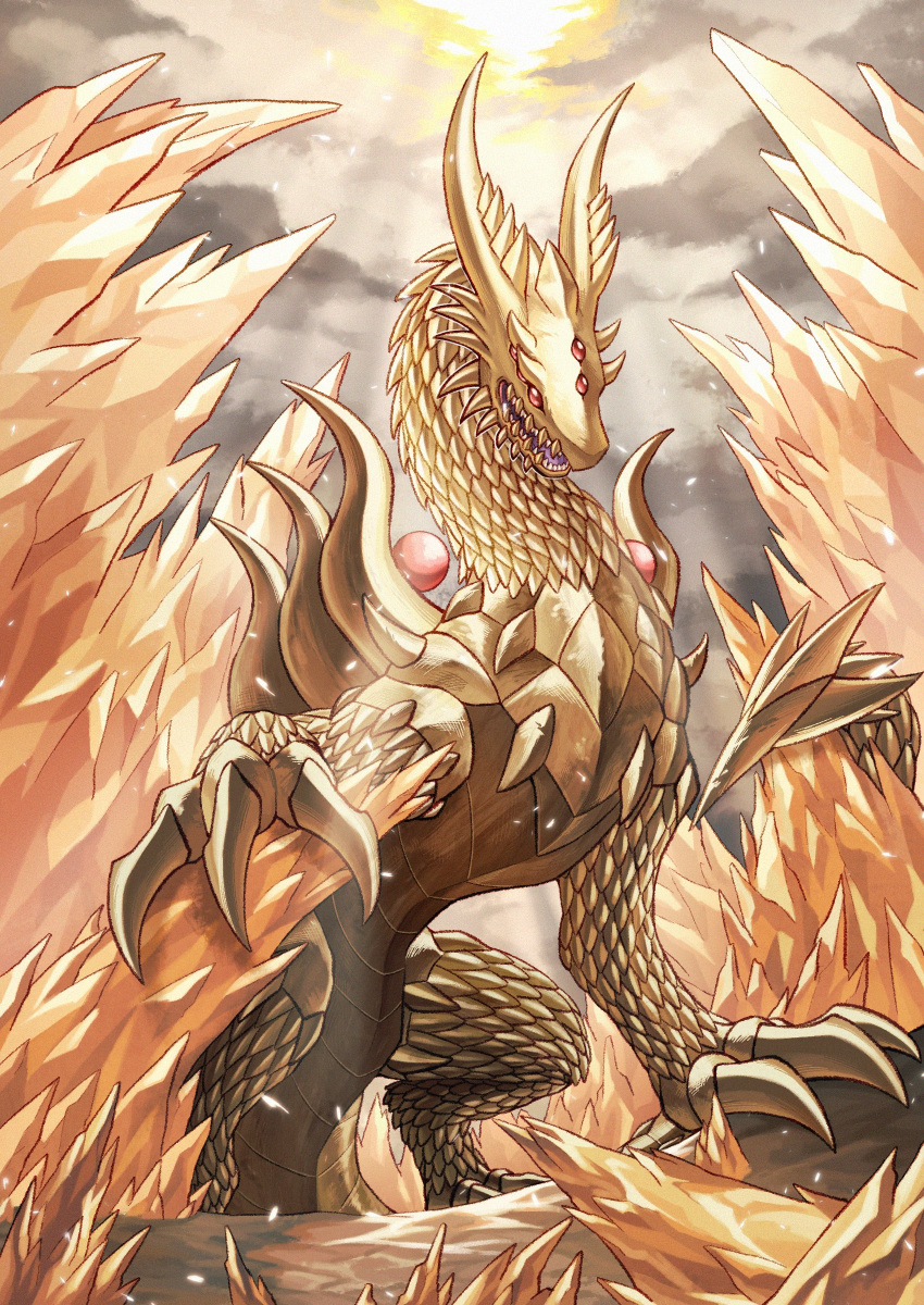 absurdres, digimon, digimon_(creature), dragon, extra_eyes, gold_scales, gold_skin, highres, huanglongmon, red_eyes, scales, sharp_teeth, sunlight, teeth, willd_01, yellow_scales