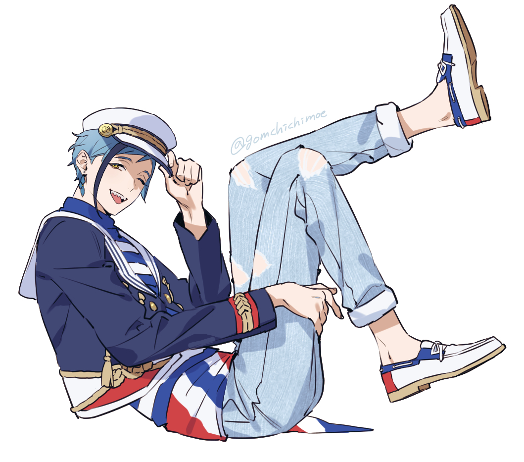 1boy, blue_hair, blue_jacket, commentary_request, denim, floyd_leech, full_body, gomchichimoe