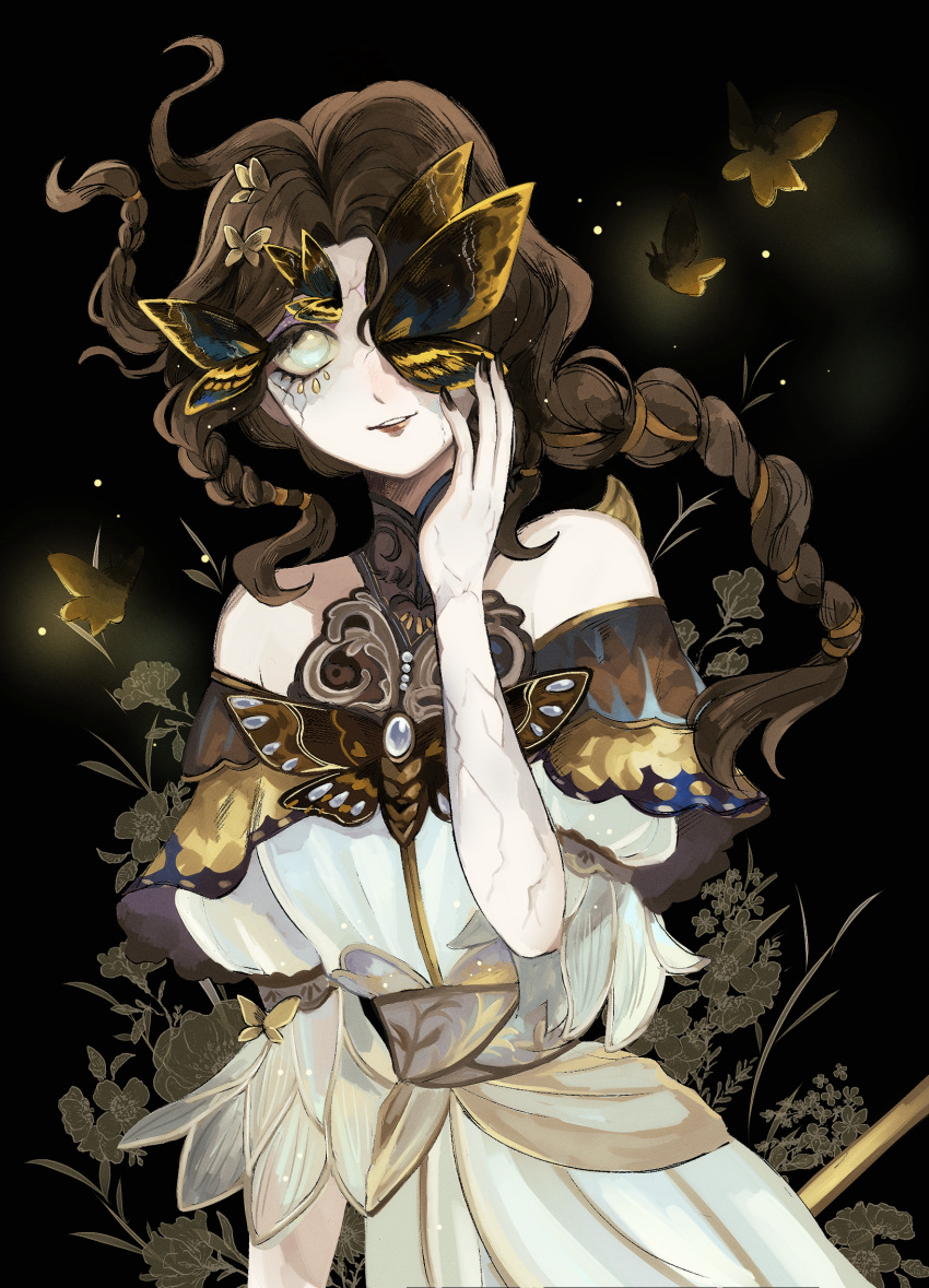 1girl, bare_shoulders, black_background, black_butterfly, black_nails, braid, brown_lips, bug, butterfly, crack, dress, eyepatch, grace_(death's_head_hawkmoth)_(identity_v), grace_(identity_v), highres, identity_v, lipstick, long_hair, makeup, mask, solo, tsuki_idv, white_dress, white_eyes, yellow_butterfly