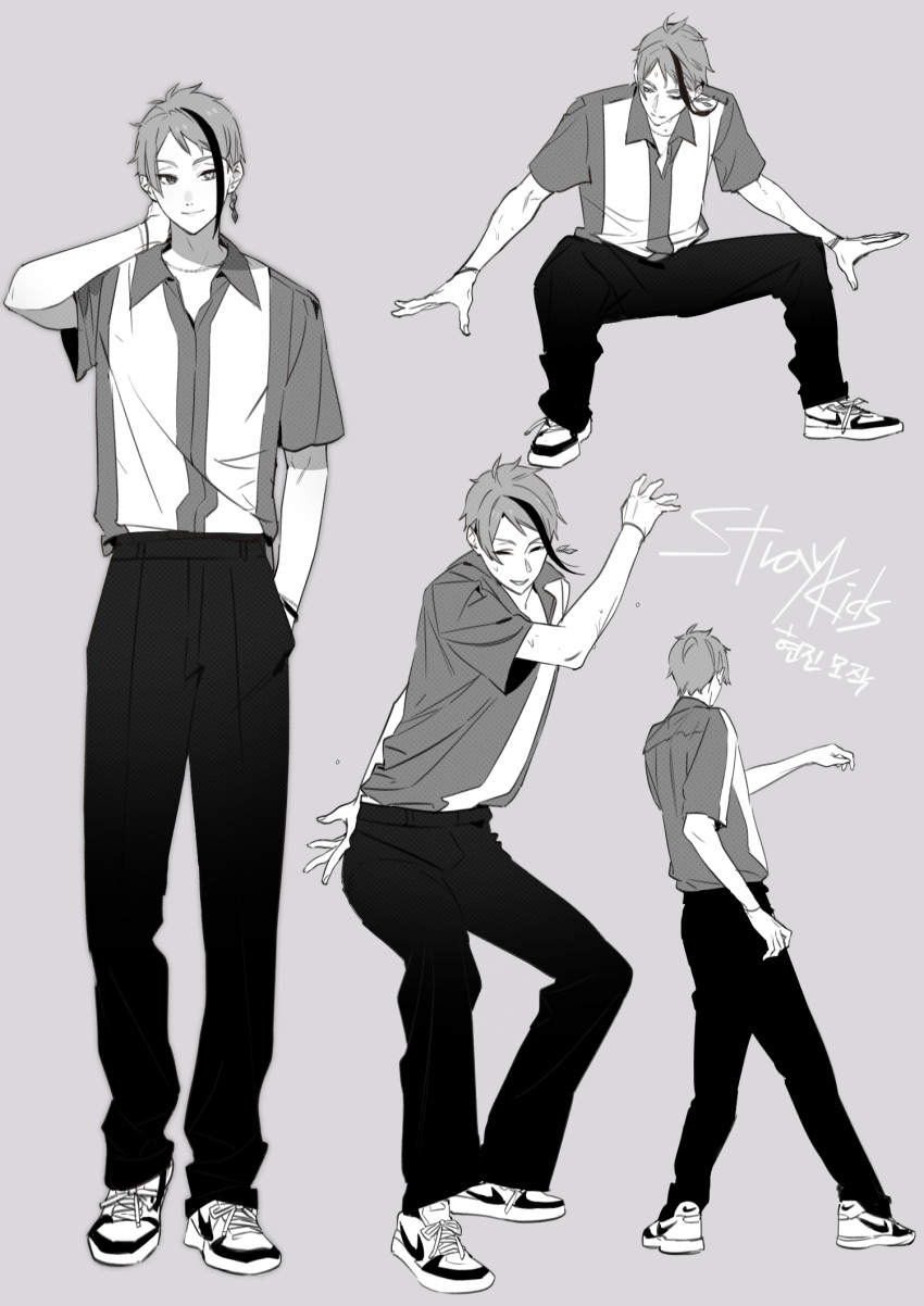 1boy, commentary_request, dancing, full_body, gomchichimoe, grey_background, greyscale, hand_in_pocket