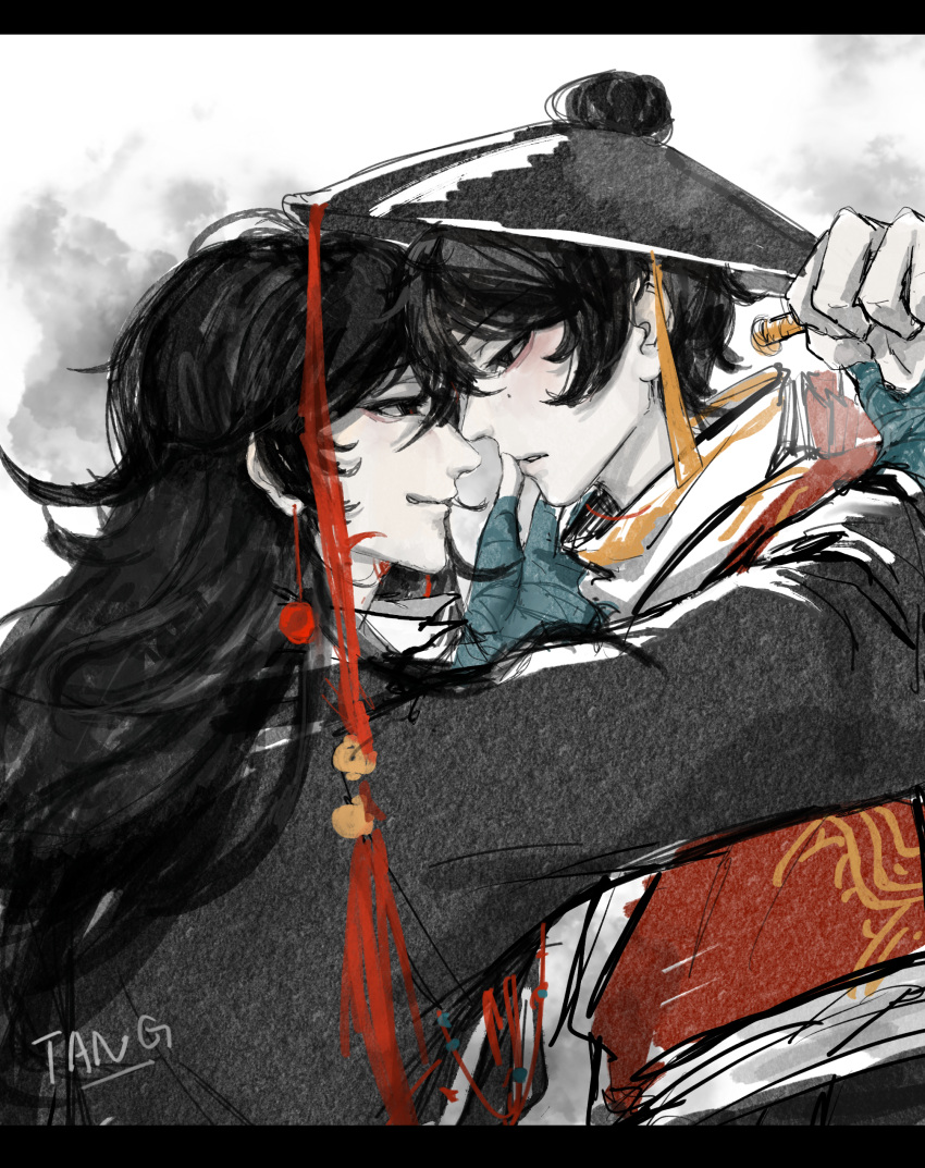 2boys, absurdres, ajirogasa, black_eyes, black_hair, black_hat, black_shirt, cen_boyao
