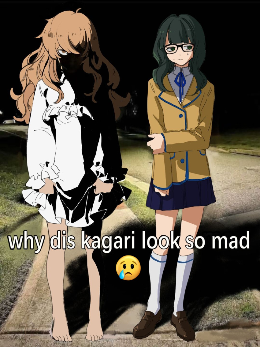 2girls, bare_arms, bare_legs, black_hair, black_rock_shooter, black_skirt, brown_hair, commentary_request, crossed_bangs, crying_emoji, dress, emoji, english_text, face_in_shadow, frilled_dress, frills, glasses, green_eyes, hair_between_eyes, highres, izuriha_kagari, jacket, li01m4jte7qiakj, light_brown_hair, meme, messy_hair, multiple_girls, photo_background, pleated_skirt, shirt, sidelocks, sidewalk, skirt, sweatdrop, takanashi_yomi, unkempt, white_dress, white_shirt, why_dis_ninja_look_so_mad_(meme), yellow_jacket