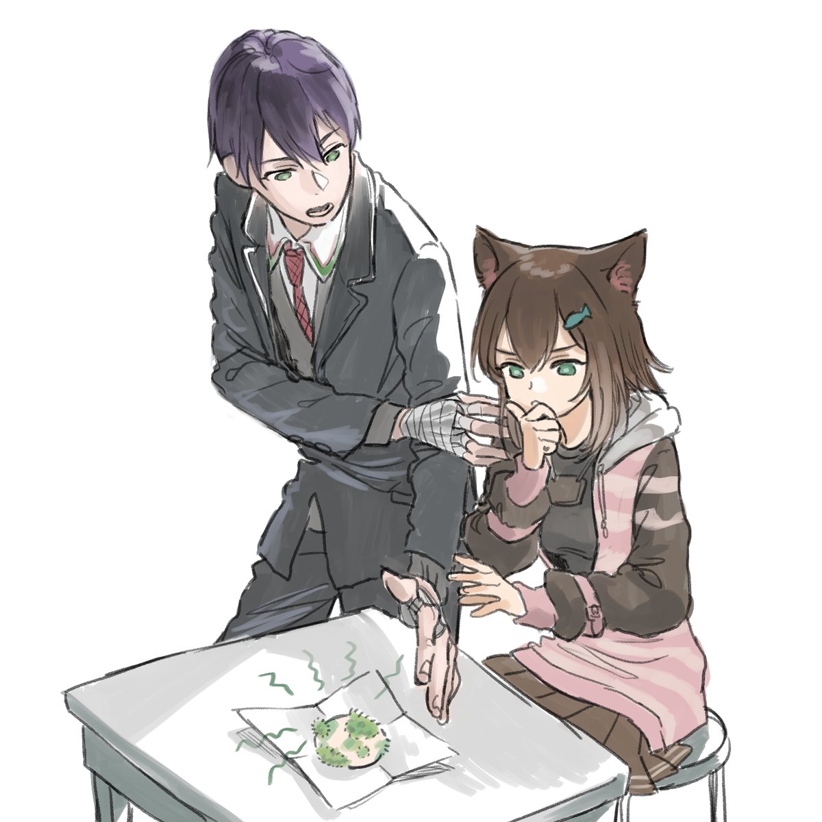 1boy, 1girl, animal_ears, black_jacket, black_pants, blazer, brown_hair, brown_skirt, brown_sleeves, cat_ears, cat_girl, collared_shirt, fish_hair_ornament, food, fumino_tamaki_(1st_costume), green_eyes, hair_ornament, hand_on_own_chin, hand_wraps, highres, hood, hoodie, jacket, kenmochi_touya, kenmochi_touya_(1st_costume), koze_niire, lapels, long_sleeves, medium_hair, mold, necktie, nijisanji, on_stool, open_mouth, pants, pink_hoodie, pleated_skirt, purple_hair, reaching, red_necktie, school_uniform, shirt, short_hair, simple_background, sitting, skirt, spoiled_food, striped_clothes, striped_hoodie, stroking_own_chin, table, v-shaped_eyebrows, virtual_youtuber, white_background, white_shirt