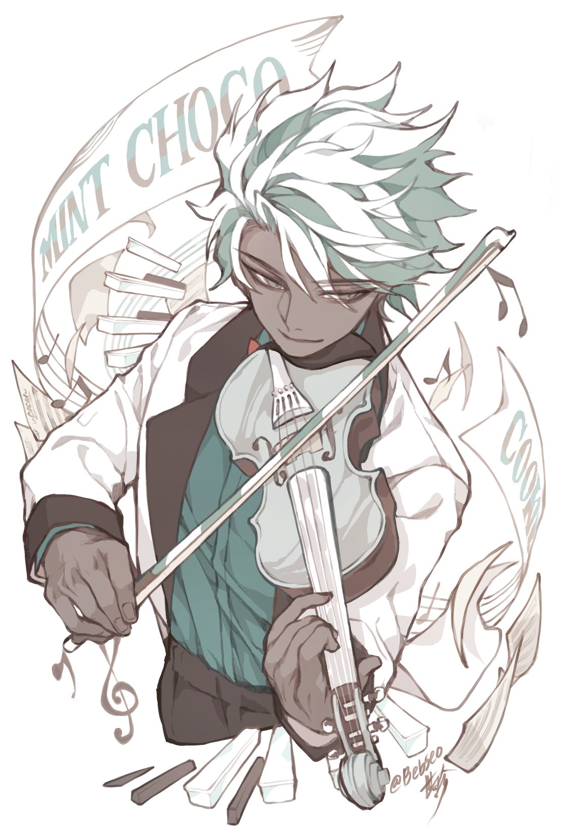 1boy, bebseo, black_pants, bow, cookie_run, dark_skin, green_eyes, green_hair