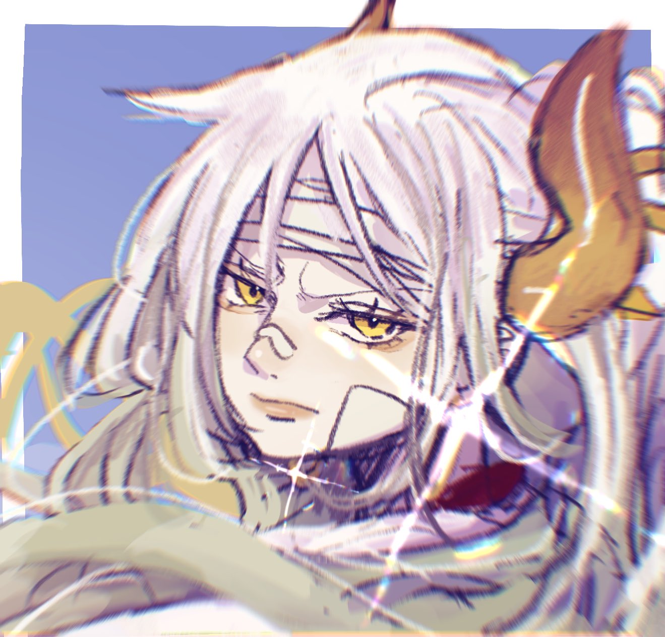 1girl, bandaged_head, bandages, bandaid, bandaid_on_face, blue_background, chromatic_aberration, closed_mouth
