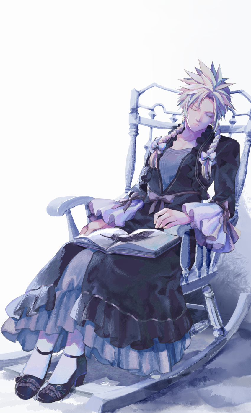 1boy, absurdres, black_feathers, blonde_hair, book, braid, closed_eyes, closed_mouth, cloud_strife, cloud_strife_(black_dress), crossdressing, dress, feathers, final_fantasy, final_fantasy_vii, final_fantasy_vii_remake, frilled_dress, frilled_sleeves, frills, highres, long_sleeves, low_twin_braids, male_focus, official_alternate_costume, on_chair, open_book, saki_(hxaxcxk), sitting, sleeping, solo, spiky_hair, twin_braids