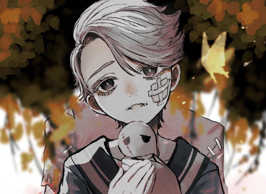 1boy, aesop_carl, aged_down, bandage_on_face, bandages, black_eyes, blurry, bug, butterfly, grey_hair, higamiya87, identity_v, looking_at_viewer, male_focus, solo, stuffed_toy, swept_bangs, upper_body, yellow_butterfly