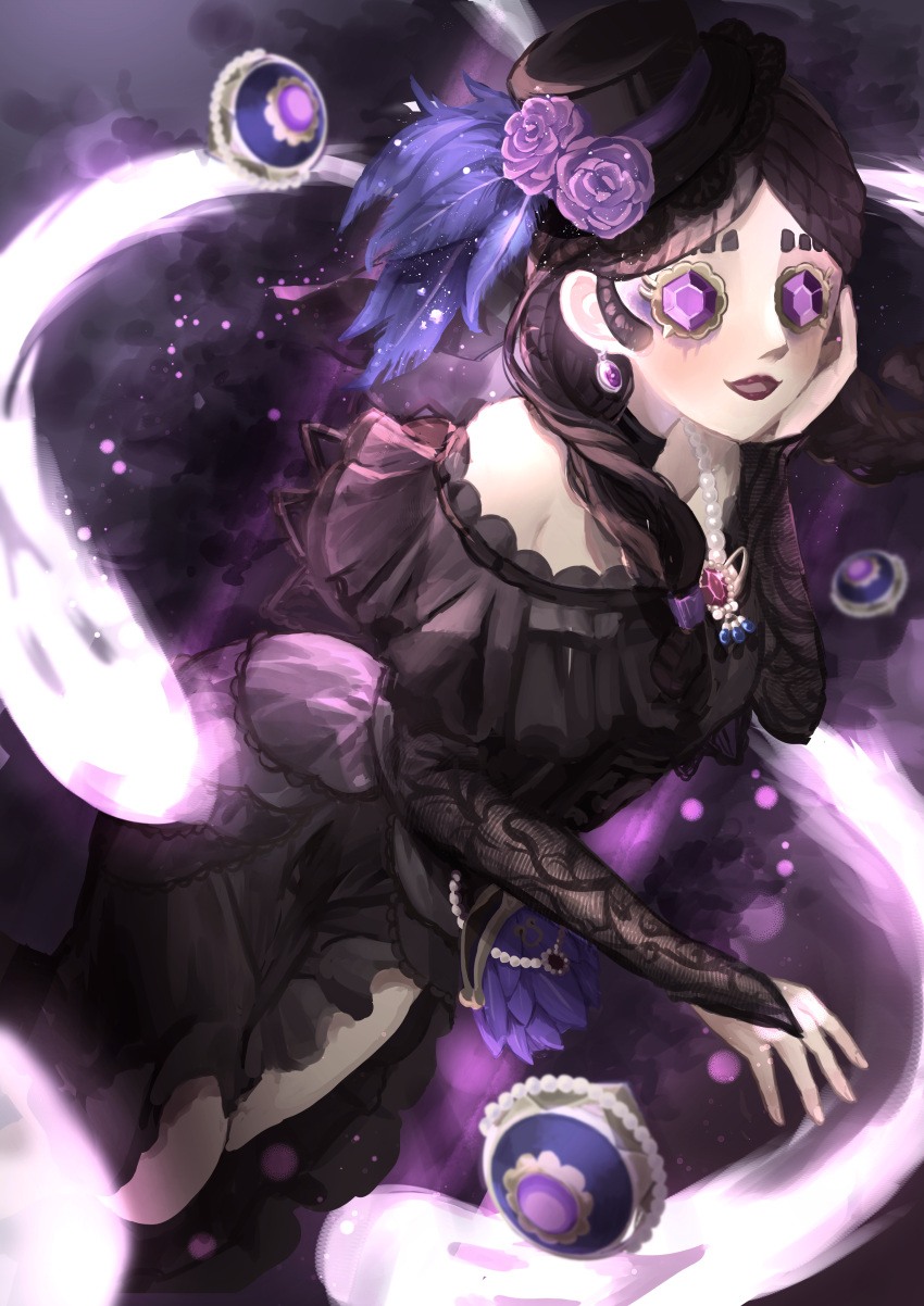 1girl, absurdres, anne_lester, anne_lester_(hidden), black_dress, black_hair, black_hat, dress