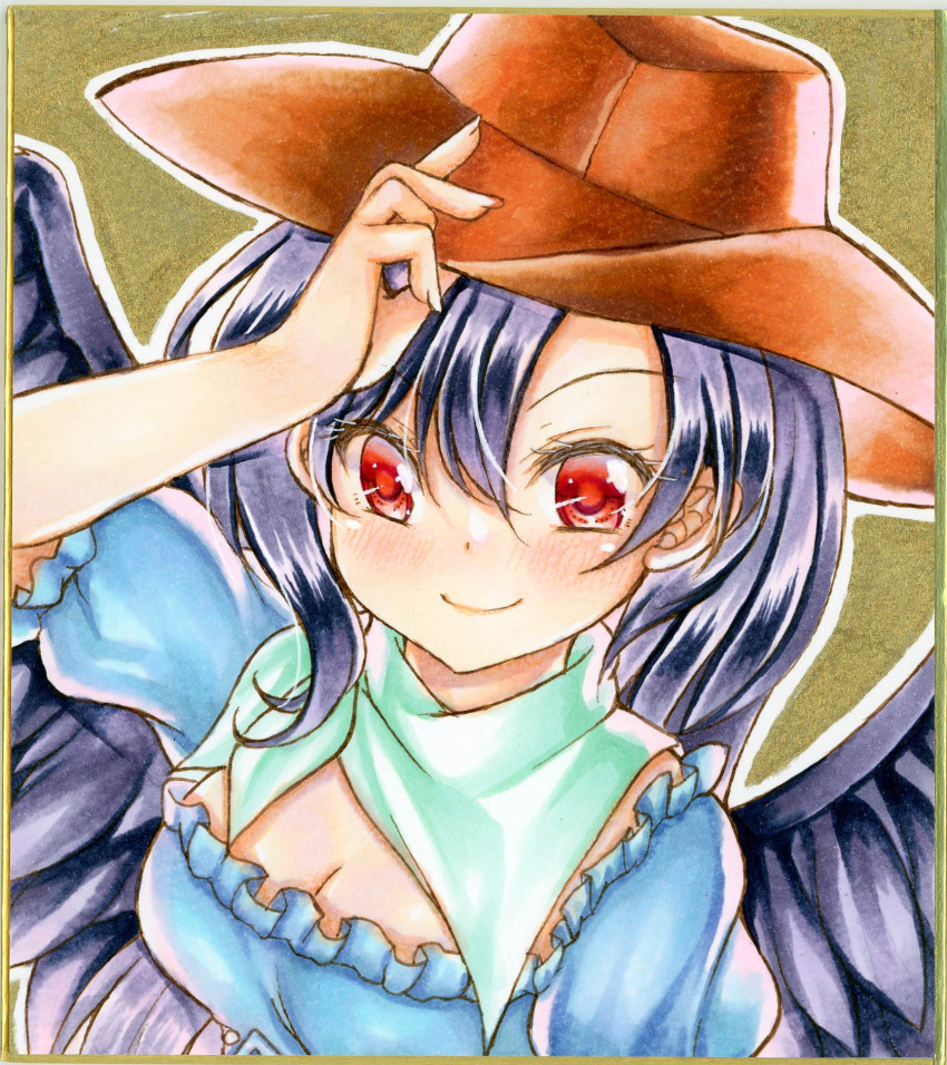 1girl, aqua_bandana, black_wings, blush, brown_background, brown_hat, closed_mouth, commentary_request