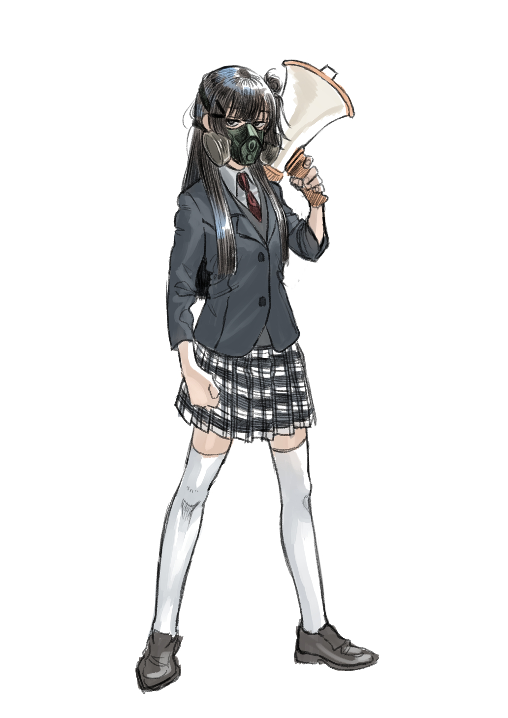 1girl, adapted_costume, arm_at_side, black_footwear, black_hair, black_skirt, blazer, clenched_hand
