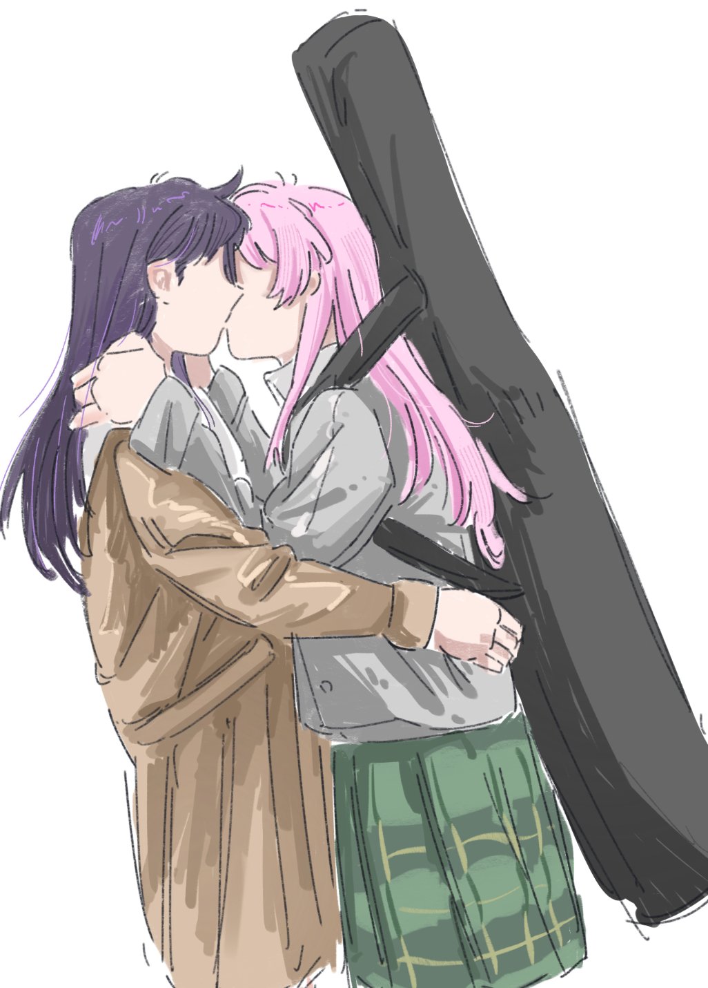 2girls, bang_dream!, bang_dream!_it's_mygo!!!!!, brown_dress, chihaya_anon, chinese_commentary, commentary_request, dress, duck_duck, green_skirt, grey_jacket, guitar_case, hand_on_another's_neck, hand_on_another's_waist, haneoka_school_uniform, highres, instrument_case, instrument_on_back, jacket, kiss, long_hair, multiple_girls, pink_hair, plaid_clothes, plaid_skirt, pleated_skirt, purple_hair, sailor_dress, school_uniform, shiina_taki, simple_background, skirt, white_background, yuri