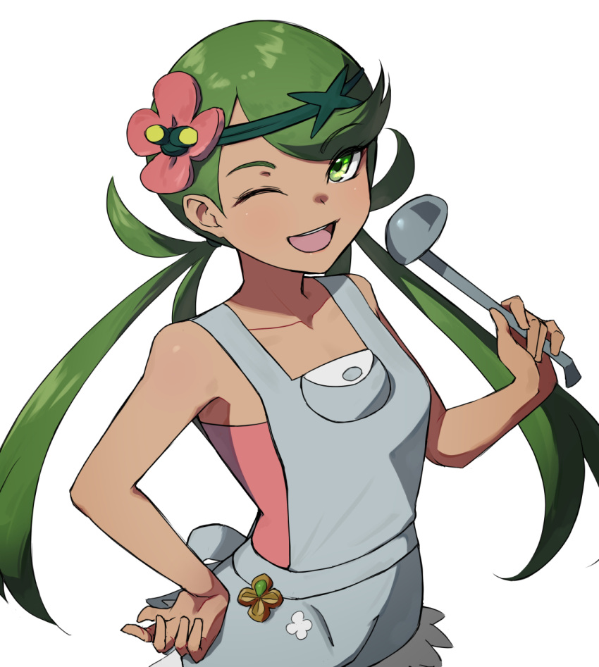 1girl, ;d, collarbone, commentary, flower, green_eyes, green_hair, green_headband