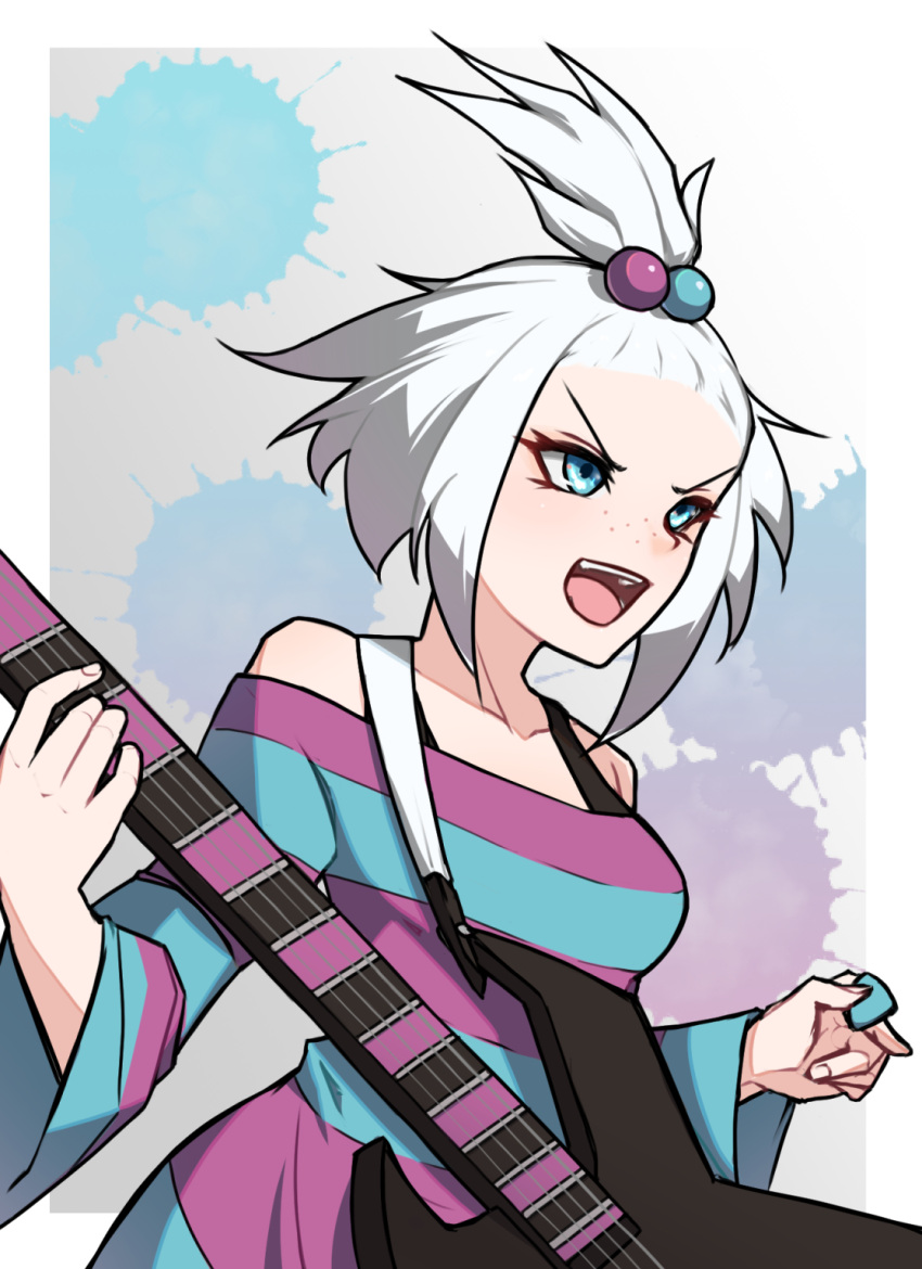1girl, :d, aqua_eyes, bare_shoulders, bass_guitar, collarbone, commentary, freckles