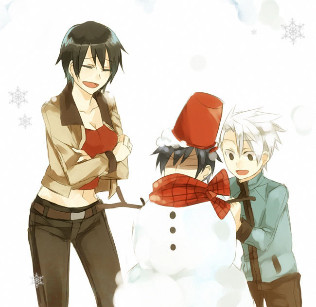 belt, black_hair, breasts, cleavage, closed_eyes, collarbone, crossed_arms, eyes_closed, fairy_tail, gray_fullbuster, green_eyes, jacket, laughing, lyon_bastia, midriff, multiple_boys, navel, scarf, short_hair, snow, snowman, tank_top, ur_(fairy_tail), wa_ga_ne, white_hair, young