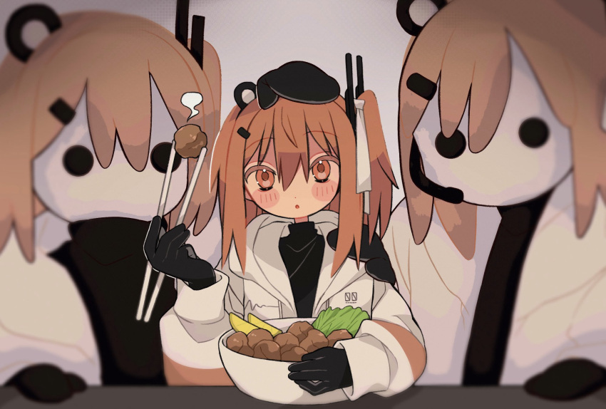 1girl, 2others, a.i._voice, adachi_rei, black_gloves, black_mittens, black_shirt, blank_room_soup