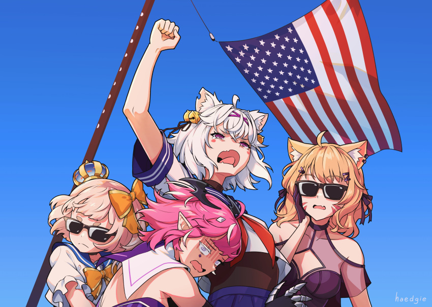 2024_attempted_assassination_of_donald_trump, 4girls, absurdres, ahoge, american_flag, animal_ear_fluff, animal_ears, bare_shoulders, bell, blue_crown, blue_sailor_collar, bow, bowtie, camila_(vtuber), capelet, cat_ears, cat_girl, clenched_hand, crown, demon_girl, demon_horns, facial_mark, fang, filian_(vtuber), fox_ears, fox_girl, gloves, haedgie, hair_bell, hair_bow, hair_intakes, hair_ornament, hat, highres, horns, indie_virtual_youtuber, jingle_bell, long_hair, marimari_(vtuber), medium_hair, meme, multicolored_hair, multiple_girls, open_mouth, sailor_collar, school_uniform, see-through, see-through_capelet, serafuku, short_sleeves, shyrei_faolan, sunglasses, thick_eyebrows, violet_eyes, virtual_youtuber, white_hair, white_serafuku, x_hair_ornament, yellow_bow, yellow_bowtie