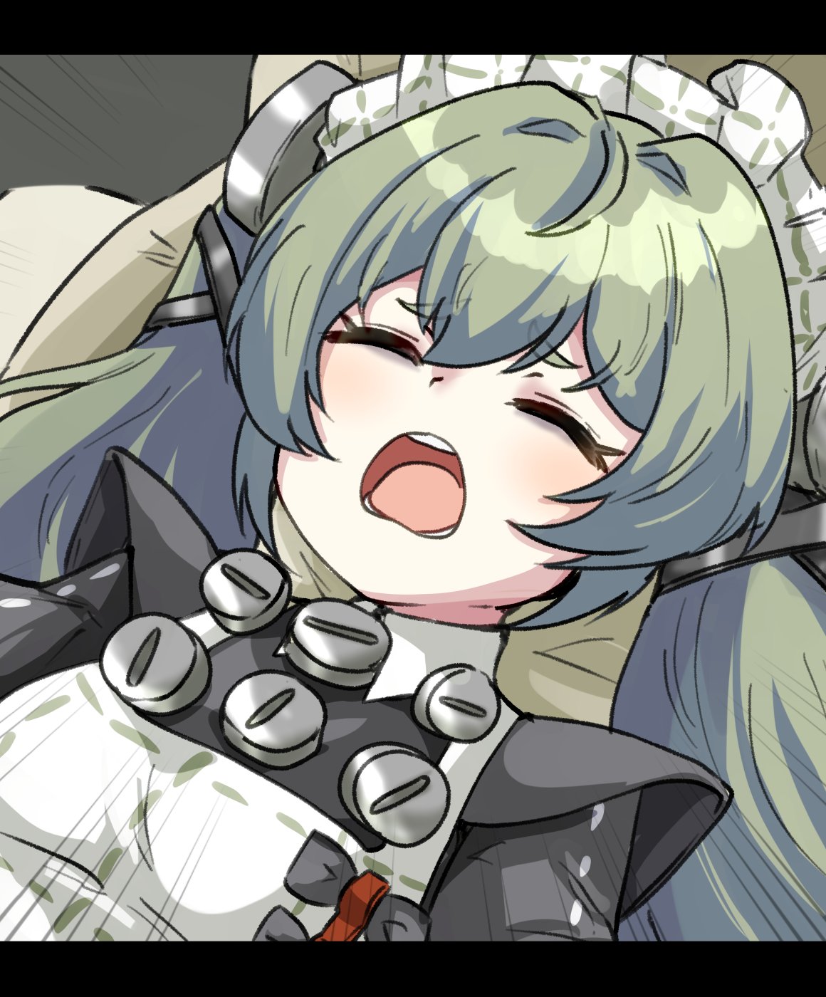 1girl, apron, bags_under_eyes, black_dress, black_ribbon, blush, closed_eyes, corin_wickes, dress, green_hair, hair_between_eyes, hair_ornament, hair_ribbon, highres, letterboxed, long_hair, lying, machismo_fuji, maid, maid_headdress, manatsu_no_yo_no_inmu, meme, on_back, open_mouth, ribbon, screw_hair_ornament, solo, twintails, upper_body, white_apron, yajuu_no_houkou_(meme), zenless_zone_zero