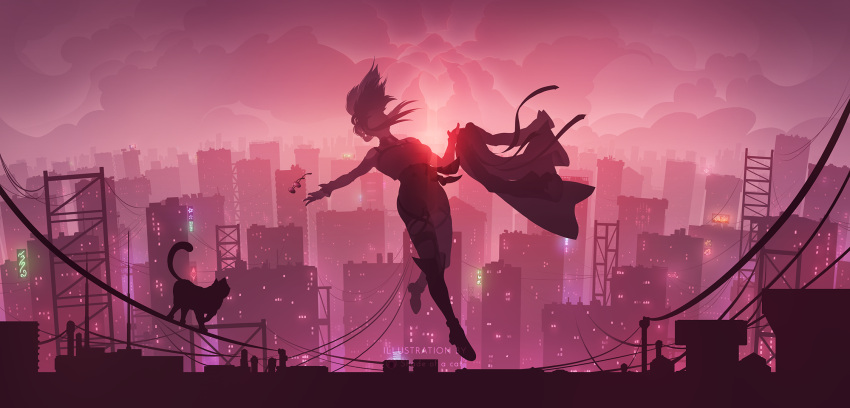 1girl, artist_logo, bare_shoulders, boots, building, cat, cityscape, clothing_cutout