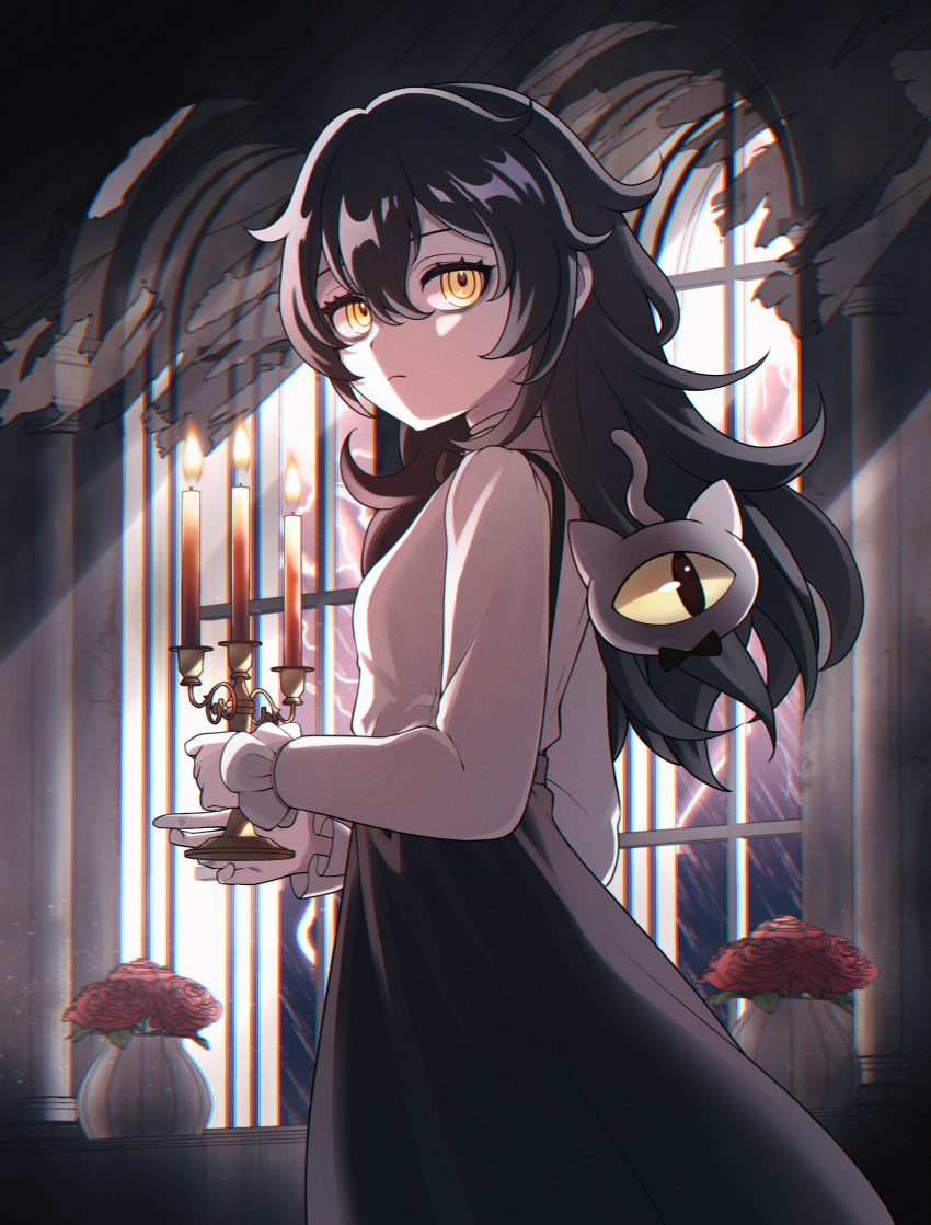 1girl, absurdres, arched_window, black_hair, black_skirt, closed_mouth, commentary, commission, cowboy_shot, english_commentary, flower, fluffy_hair, from_side, grimmi_(vtuber), hair_between_eyes, hatoco, highres, holding, holding_candle_stand, indie_virtual_youtuber, indoors, light_rays, lightning, long_hair, long_sleeves, looking_back, rain, red_flower, red_rose, rose, second-party_source, shirt, skeb_commission, skelter_(grimmivt), skirt, standing, suspender_skirt, suspenders, thunderstorm, vase, white_shirt, window, worried, yellow_eyes