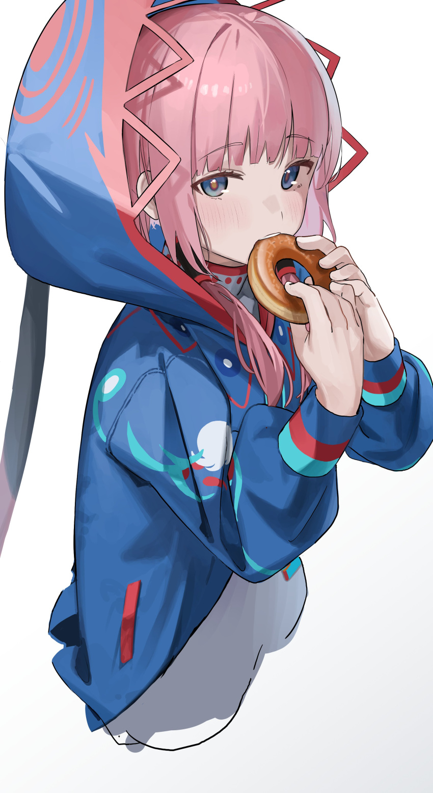 1girl, absurdres, blue_eyes, blue_jacket, commentary_request, cropped_torso, doughnut, eating, food, food_in_mouth, from_side, hair_tubes, hands_up, highres, holding, holding_doughnut, holding_food, hood, hood_up, hooded_jacket, jacket, kaf_(kamitsubaki_studio), kamitsubaki_studio, long_sleeves, looking_at_viewer, medium_hair, multicolored_clothes, multicolored_eyes, multicolored_jacket, pink_hair, puffy_long_sleeves, puffy_sleeves, simple_background, solo, takotousagi, virtual_youtuber, white_background, yellow_pupils