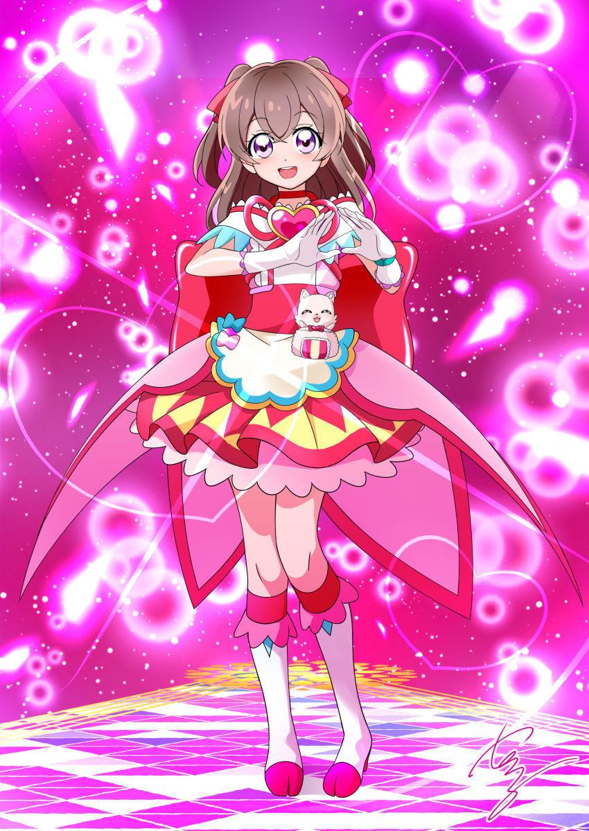 1girl, absurdres, artist_name, back_bow, boots, bow, brooch, brown_hair, choker, commentary_request, commission, cosplay, cure_precious, cure_precious_(cosplay), delicious_party_precure, dress, full_body, gloves, hair_ribbon, heart, heart_brooch, highres, huge_bow, jewelry, knee_boots, kome-kome_(precure), light_particles, looking_at_viewer, magical_girl, medium_hair, nagomi_yui, open_mouth, own_hands_together, partial_commentary, precure, red_bow, red_choker, red_dress, red_ribbon, ribbon, self_cosplay, short_dress, signature, skeb_commission, smile, solo, standing, tirofinire, two_side_up, violet_eyes, white_footwear, white_gloves