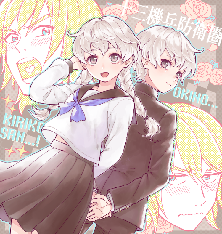 >:(, 2boys, :d, arm_up, black_skirt, blush, braid, crossdressing