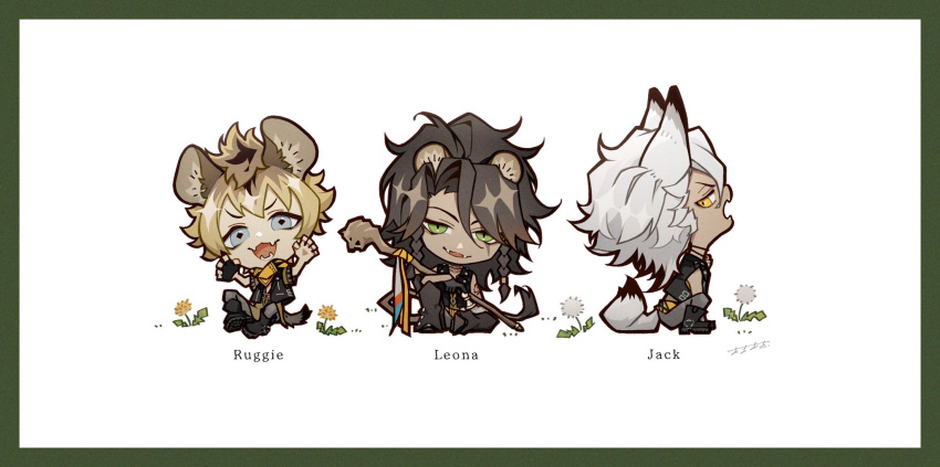 3boys, 44sann, animal_ears, black_jacket, blonde_hair, brown_hair, chibi, claw_pose
