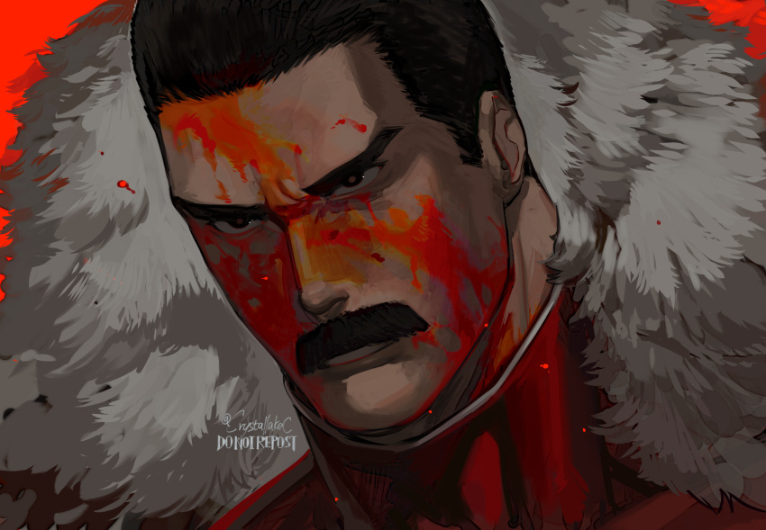 blood, blood_on_face, crystallakec, highres, image_comics, invincible_(series), red_background, thragg_(invincible)