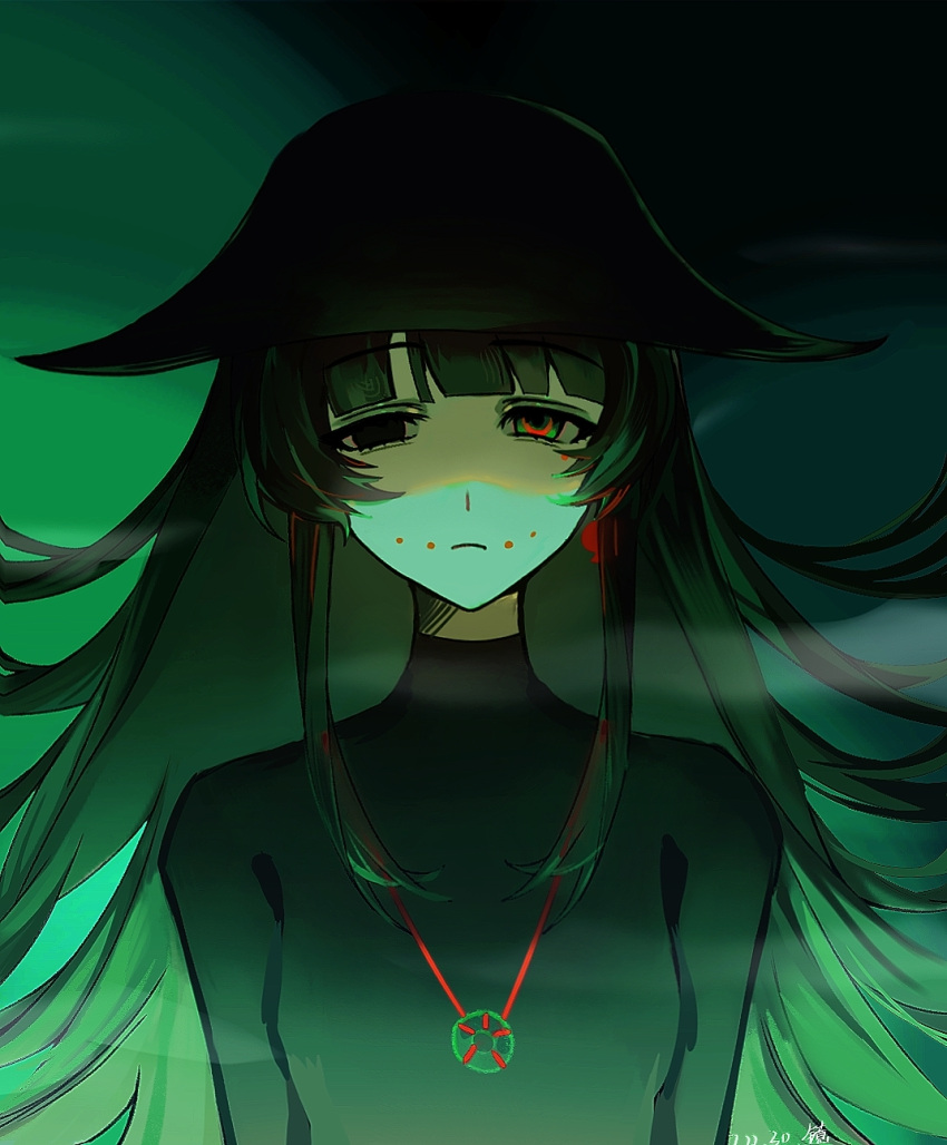 1girl, black_hair, black_hat, blunt_bangs, breasts, chinese_commentary, closed_mouth, commentary_request