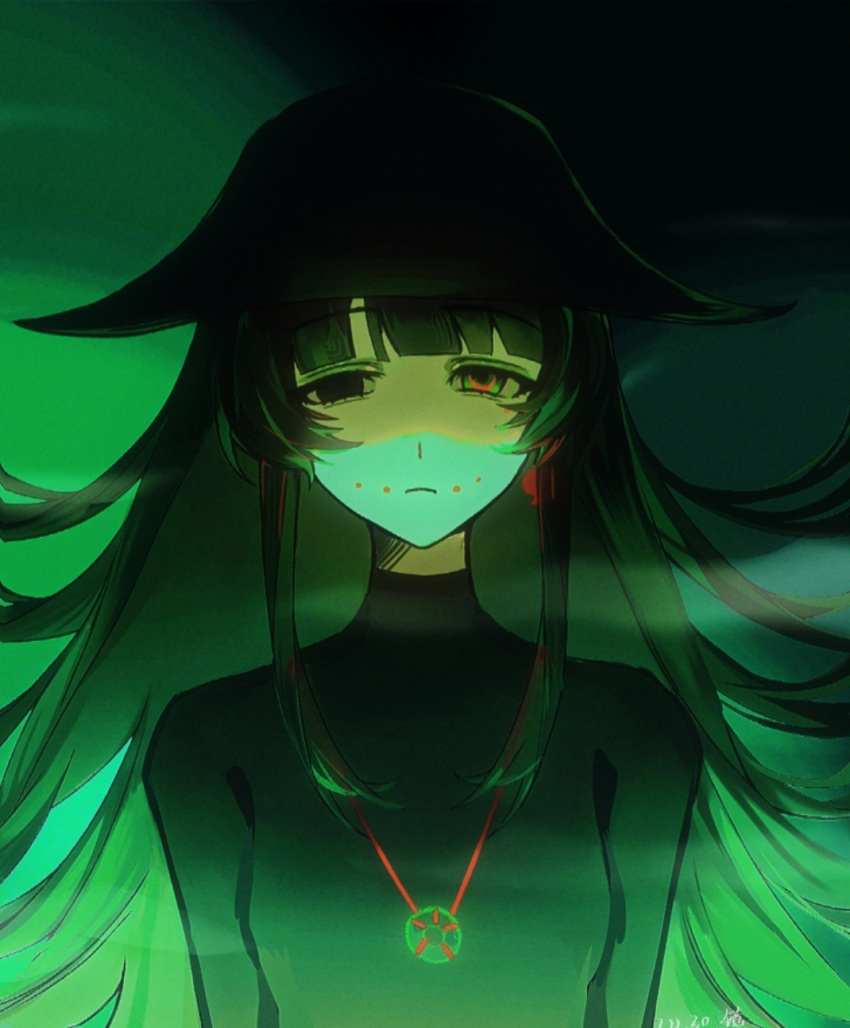 1girl, black_hair, black_hat, blunt_bangs, breasts, chinese_commentary, closed_mouth, commentary_request