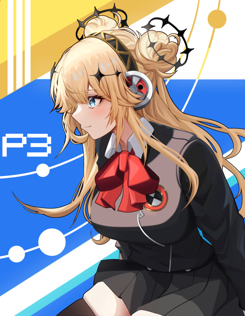 1girl, aegis_(persona), aegis_(persona)_(cosplay), black_halo, black_skirt, black_thighhighs, blonde_hair, blue_eyes