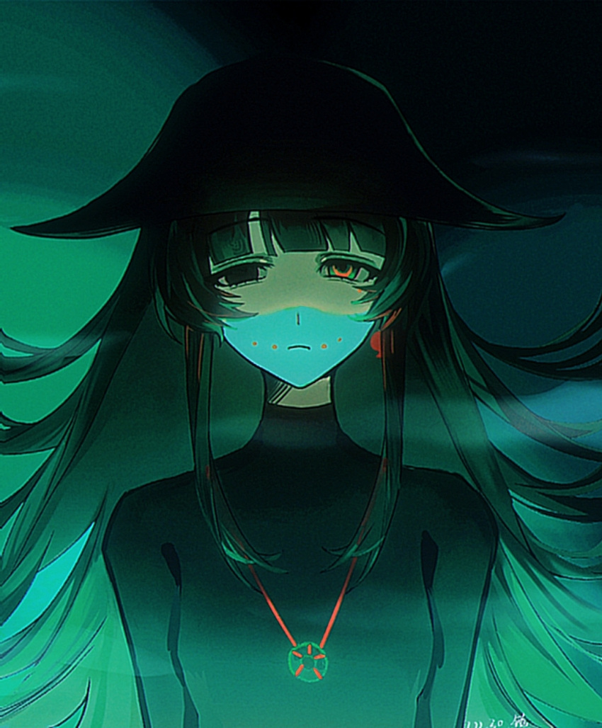 1girl, black_hair, black_hat, blunt_bangs, breasts, chinese_commentary, closed_mouth, commentary_request