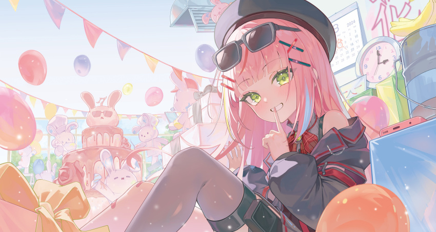 1girl, absurdres, arm_cutout, balloon, banana, bandaid, bandaid_on_knee, bandaid_on_leg