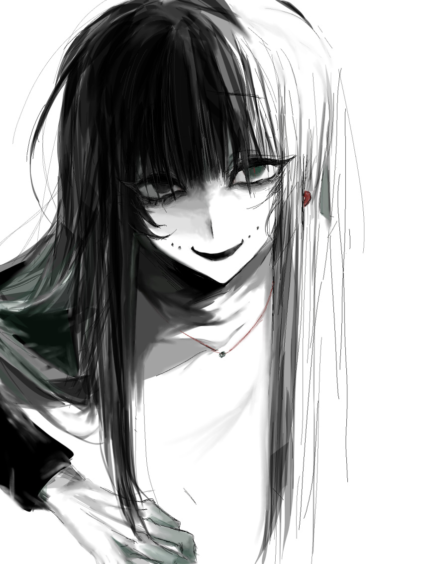 1girl, black_eyes, black_hair, blunt_bangs, chinese_commentary, colored_extremities, colored_skin, commentary_request, green_eyes, heterochromia, highres, horror_(theme), kaifanle_ma, long_hair, long_sleeves, mole, mole_on_cheek, multiple_moles, naihe_(touqi_guaitan)_(female), open_mouth, sanpaku, sidelocks, simple_background, smile, solo, touqi_guaitan, white_background, white_skin