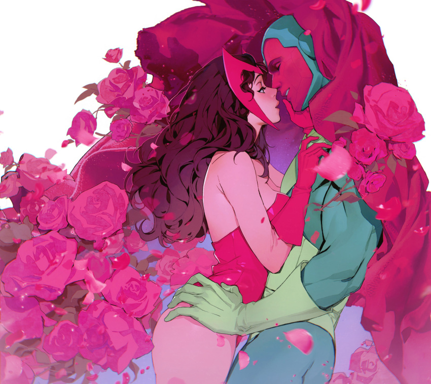 couple, flower, highres, husband_and_wife, leotard, marvel, marvel_cinematic_universe, pink_flower