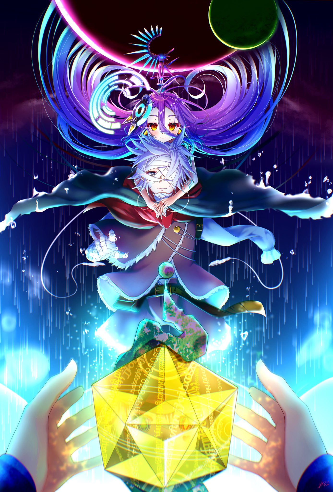 1boy, 1girl, commentary_request, fusen_haru, highres, long_hair, magic_circle, no_game_no_life