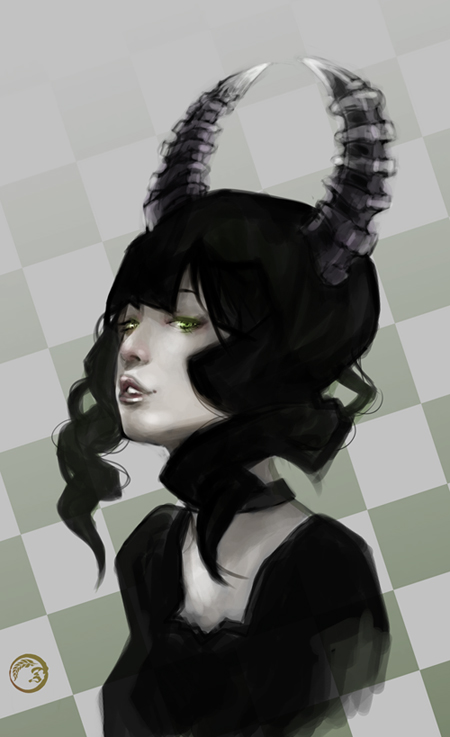 blue_hair, bust, checkered, checkered_background, choker, dead_master, green_eyes, horns