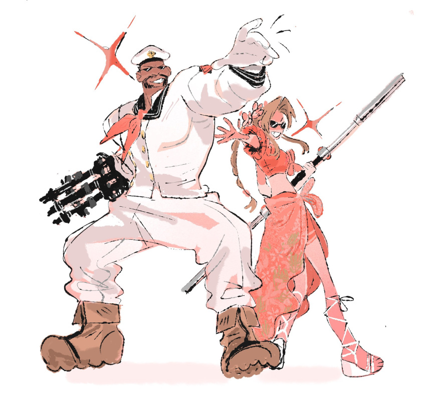 1boy, 1girl, aerith_gainsborough, aerith_gainsborough_(floral_delight), ascot, barret_wallace, barret_wallace_(junon_naval_crew), boots, braid, braided_ponytail, final_fantasy, final_fantasy_vii, final_fantasy_vii_rebirth, final_fantasy_vii_remake, flower, gatling_gun, gloves, hair_flower, hair_ornament, hat, highres, jaysoysaucee, mage_staff, official_alternate_costume, red_ascot, revision, sailor_collar, sailor_hat, sandals, staff, sunglasses, white_gloves