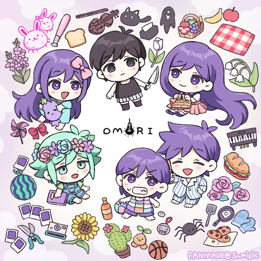 2girls, 4boys, antenna_hair, aqua_eyes, aqua_hair, aubrey_(faraway)_(omori), aubrey_(omori), baseball_bat