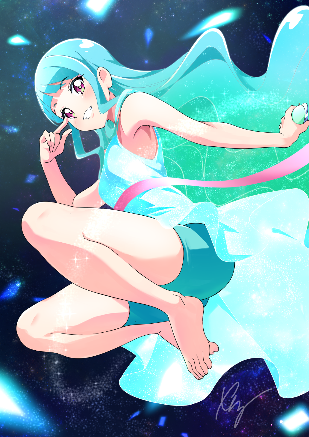 1girl, aqua_hair, aqua_shorts, artist_name, bare_legs, barefoot, bike_shorts, commentary