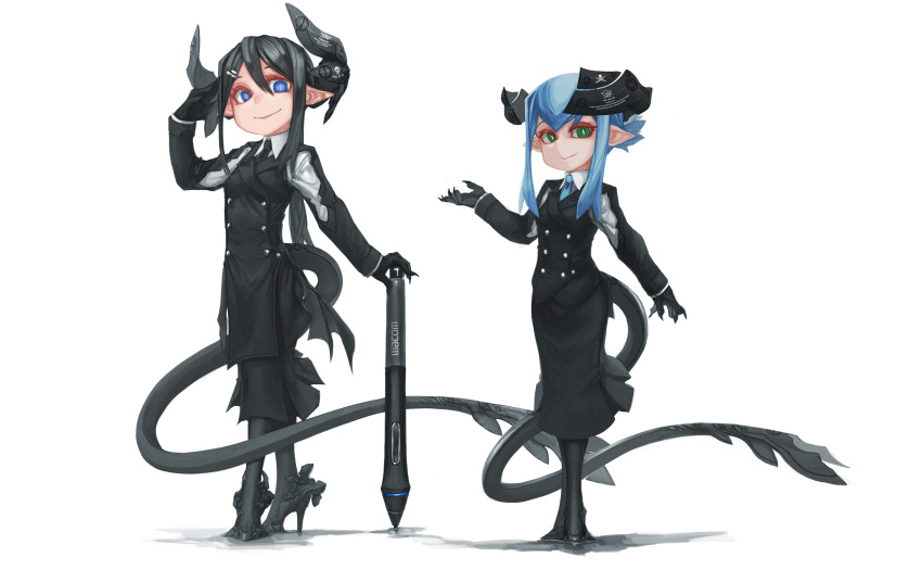 2girls, absurdres, black_hair, black_horns, black_necktie, black_pantyhose, black_skirt, black_suit