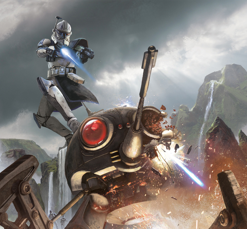 1boy, 1other, armor, blake_rottinger, captain_rex, clone_trooper, dsd1_dwarf_spider_droid, dual_wielding, grey_sky, gun, handgun, highres, holding, holding_gun, holding_weapon, outdoors, robot, sky, star_wars, star_wars:_the_clone_wars, weapon