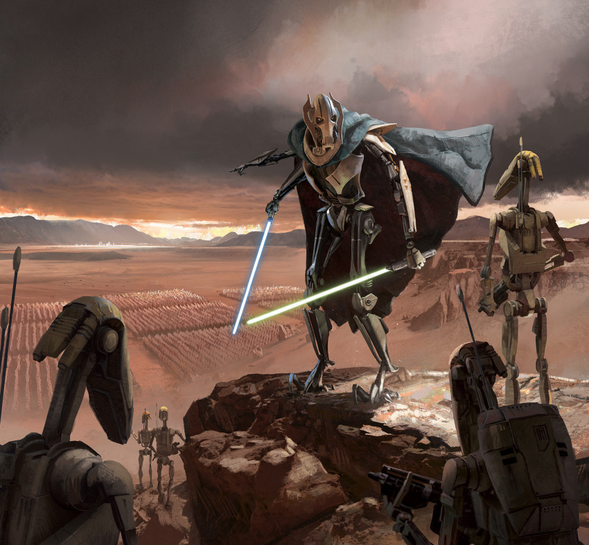 1boy, 6+others, army, b1_battle_droid, blake_rottinger, blue_cape, blue_lightsaber, cape, clouds, desert, dual_wielding, energy_sword, extra_arms, general_grievous, green_lightsaber, grey_sky, gun, highres, holding, holding_gun, holding_lightsaber, holding_weapon, lightsaber, multiple_others, outdoors, pointy_ears, robot, sky, standing, star_wars, sword, weapon