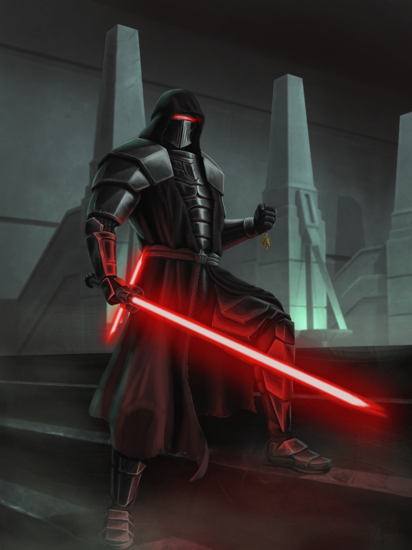 1boy, absurdres, armor, black_armor, black_robe, clenched_hands, crossguard_lightsaber, energy_sword