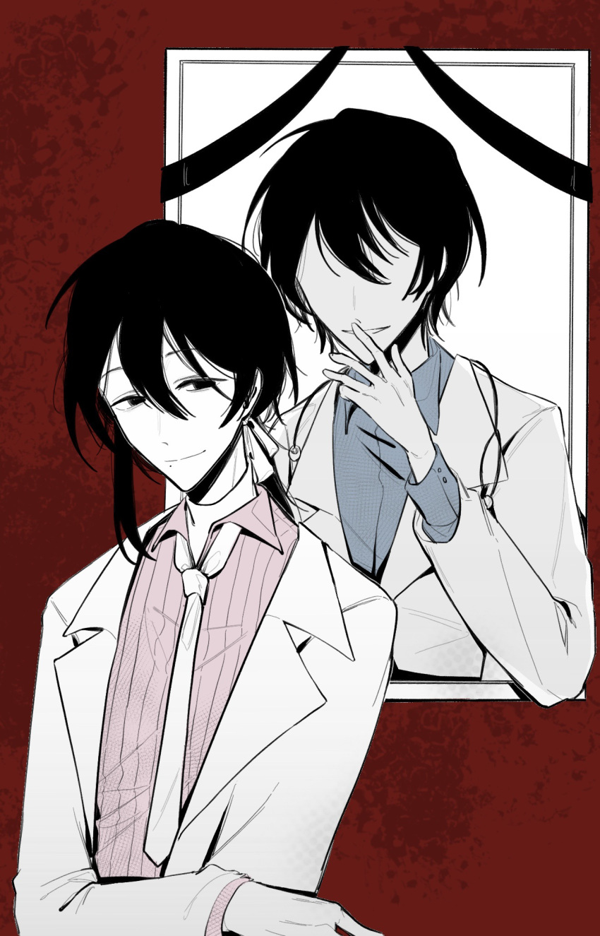 1712062993, 2boys, black_eyes, chinese_commentary, closed_mouth, collared_shirt, commentary_request, hair_between_eyes
