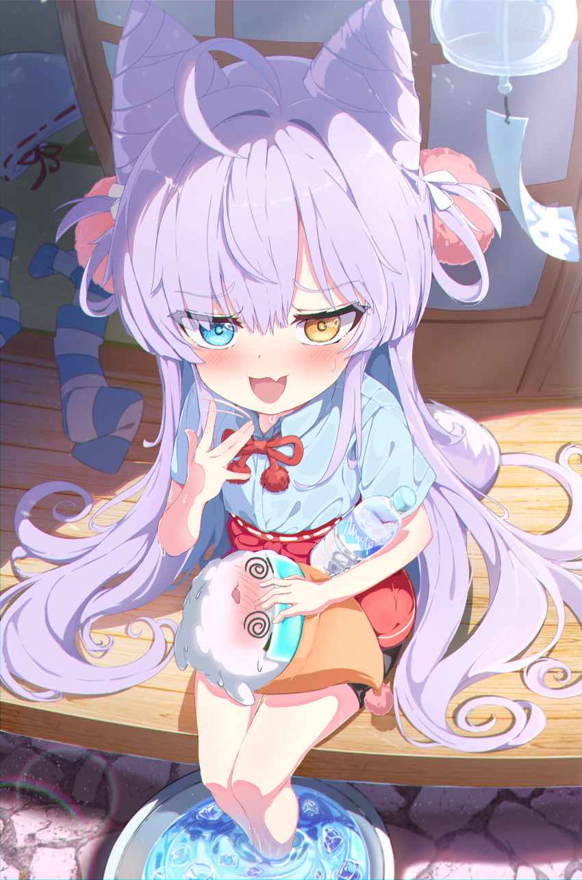 1girl, 5s0n9, @_@, \||/, absurdres, ahoge, black_shorts, blue_eyes, blue_shirt, blue_thighhighs, blush, bottle, bow, collared_shirt, commentary, cone_hair_bun, cowboy_shot, day, fang, fanning_face, flat_chest, from_above, furrowed_brow, hair_bow, hair_bun, hair_intakes, hair_ornament, hair_rings, hair_spread_out, hand_on_another's_face, hand_up, heterochromia, highres, ice, ice_cube, inari_(tenko_shibuki), lens_flare, long_hair, looking_at_viewer, looking_up, miniskirt, on_lap, open_mouth, orange_eyes, outdoors, pom_pom_(clothes), pom_pom_hair_ornament, porch, purple_hair, red_bow, red_skirt, shirt, shirt_tucked_in, short_sleeves, shorts, shorts_under_skirt, shouji, sitting, skin_fang, skirt, sliding_doors, soaking_feet, stellive, striped_clothes, striped_thighhighs, sweat, tenko_shibuki, thick_eyelashes, thigh-highs, unworn_clothes, unworn_thighhighs, very_long_hair, virtual_youtuber, water, water_bottle, wet, white_bow, white_thighhighs, wind_chime