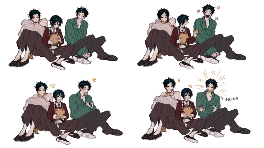 3boys, ?, ^_^, black_eyes, black_footwear, black_hair, black_pants, chinese_commentary, chinese_text, closed_eyes, closed_mouth, collared_shirt, commentary_request, food_in_mouth, green_shirt, happy_aura, highres, jacket, liu_jingping, long_sleeves, male_focus, multiple_boys, nibadan, notice_lines, open_clothes, open_jacket, open_mouth, pants, red_jacket, red_shirt, shirt, short_hair, shou_qianhui, sitting, smile, spoken_question_mark, touqi_guaitan, translation_request, wang_xincheng